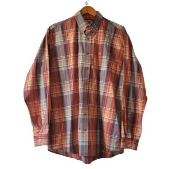 Cinch Men's Red Orange Plaid Long Sleeve Button Down Front Shirt Size Medium - Picture 2 of 11